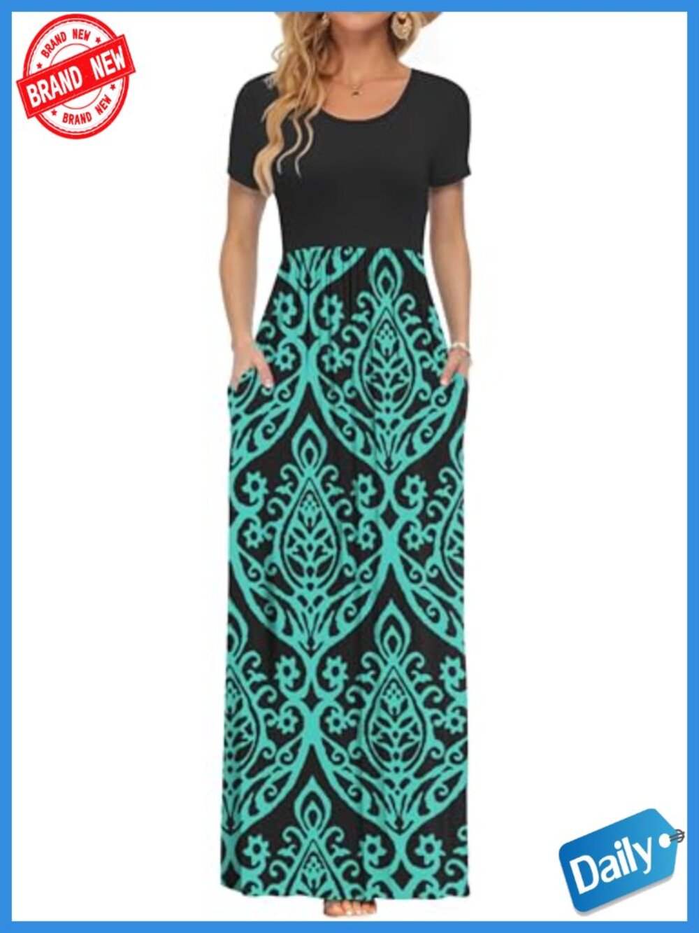 Women's Short Sleeve Maxi Dress Loose Casual Long Dress with Pockets